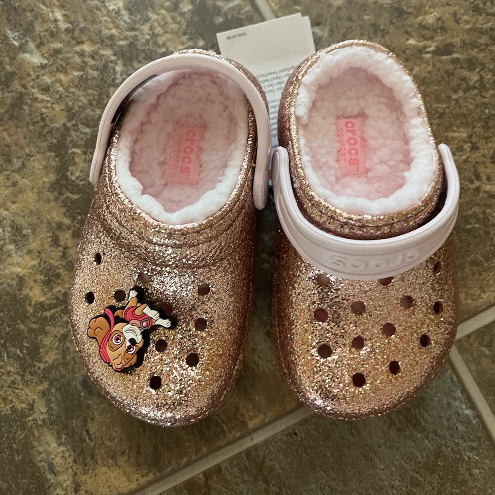 Gold glitter fur crocs. BRAND NEW!